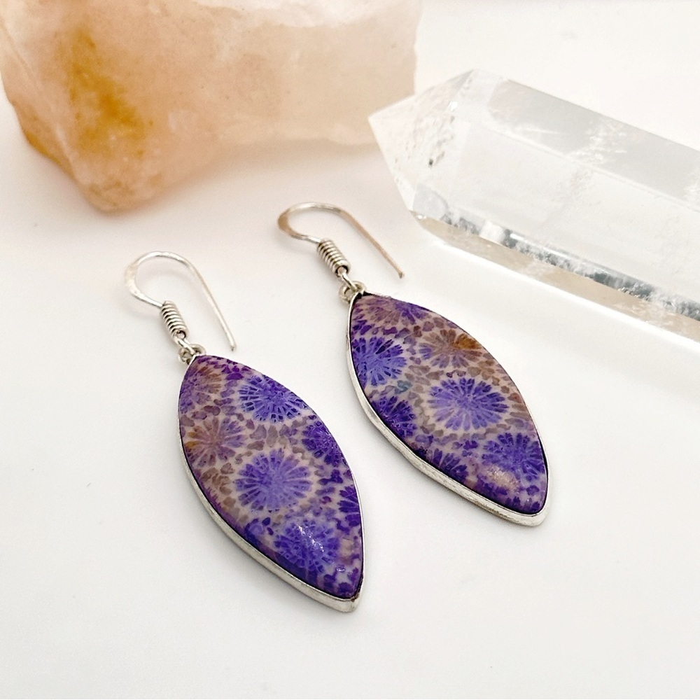 Purple Indonesian Fossil Sterling Silver 925 Gemstone Earrings - Picture 2 of 2
